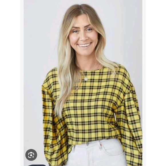Zara Tops - Zara‎ Yellow Black Checked 3/4 Puff Sleeve Preppy Clueless Blouse Size Medium